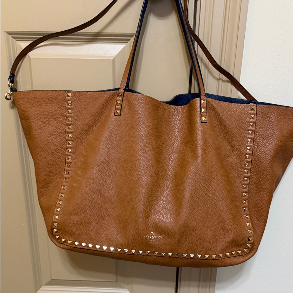 Valentino Reversible Navy and Tan Leather Studded Large Tote